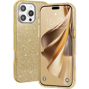 MILPROX Compatible with iPhone 16 Pro Case - Sparkly Glitter Bling Design - 3 Layers Slim Protective Phone Cover - Cute Aesthetic Case for Women Girl - Gold