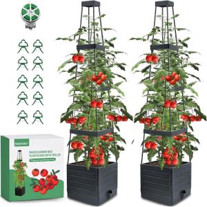 MQFORU 2 Packs Raised Garden Bed Tomato Planter with Trellis, 57" Tomato Cages for Climbing Vegetables Plant, Self Watering Planters Box for Garden Pots for Patio Greenhouse Indoor Outdoor2PCS