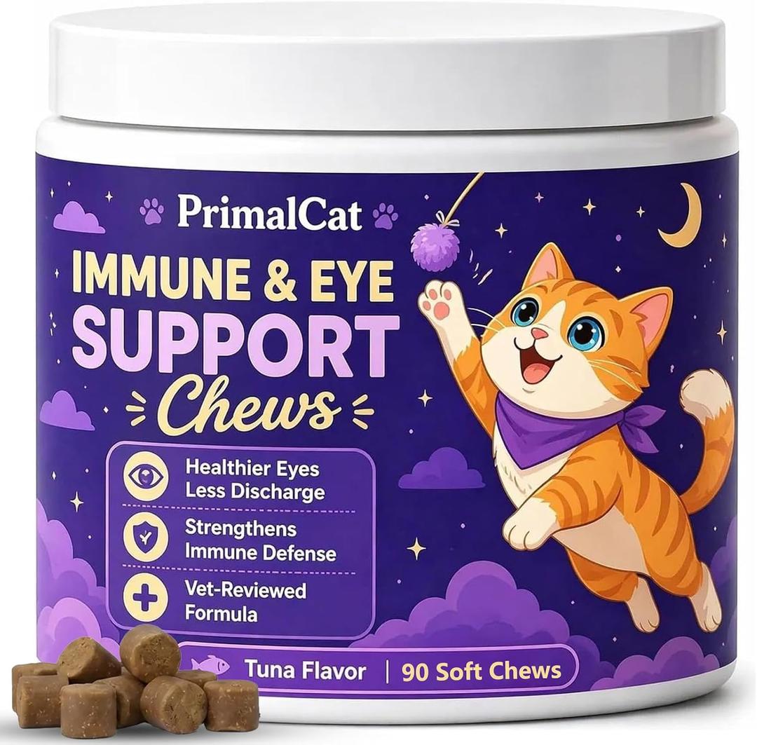 PrimalCat Immune & Eye Support Chews for Cats, Daily Wellness Soft Chews with L-Lysine, Taurine, Beta-Glucan & Colostrum, Supports Healthy Eyes and Immune Function, 90 Count(1pc)