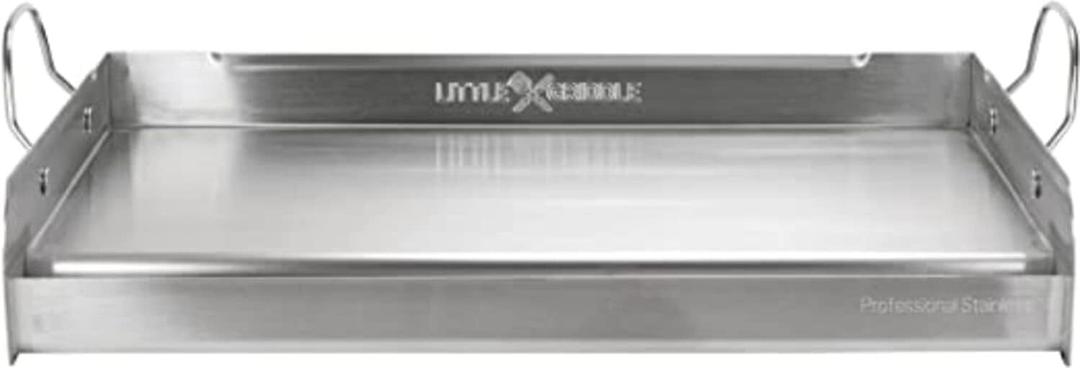 LITTLE GRIDDLE 100% Stainless Steel Griddle with Even Heat Cross Bracing and Removable Handles - For Grills, Camping, Tailgating, Silver