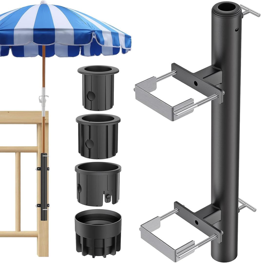 BeneLabel Patio Umbrella Holder for Deck Railing No Drill Deck Umbrella Clamp Mount Fits 1"-2" Umbrella Poles Space Saving Design Umbrella Holder for Deck Balcony Garden Poolside Railing