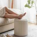 LITZFUR Round Ottoman with Storage,Velvet Upholstered Vanity Stool & Folding Foot Rest,Coffee Table for Living Room,Bedroom,Beige, 14.2 inches x 14.2 inches x 17.3 inches
