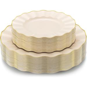 60Pcs Heavy Weight Ivory Plastic Plates with Gold Trim, Heavy Duty Wedding Plates, Elegant Disposable Plate Sets include 30 Dinner & 30 Dessert Plates for Party & Wedding(30 Guests)
