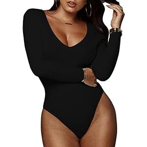 GEMBERA Women's Deep V Neck Long Sleeve Bodysuit Ribbed Knit Bodycon Thong Bodysuit Tops (Black XL)