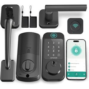 Keyless Entry Door Lock Deadbolt with Handle Set - SMONET Fingerprint WiFi Smart Deadbolt, Digital Remote Control Keypad Bluetooth Alexa Lockset with Auto Lock Code Fob App Black