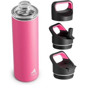 24 oz Insulated Water Bottle for Work: 3 Lids, Leakproof, Keep Cold 24H, Car Cupholder Friendly, Stainless Steel Water Flask with Straw and Spout Caps for Sports, Gym, School, Cycling (Tropical Pink)