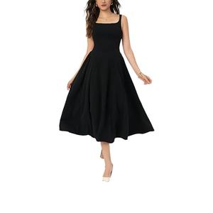 ORQUWEH Women Square Neck Maxi Dress 2025 Vacation Strappy Summer Dress, Sleeveless Strap Long Dress for Women Waist Tight A-Line Flowy for Prom Dinner, Black (Size Large)
