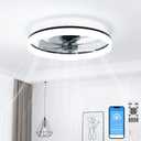 VOLISUN Low Profile Ceiling Fans with Lights and Remote, 24in Fandelier Ceiling Fan with Light, 3000K-6500K Dimmable Bladeless LED Fan Light, Black Flush Mount Ceiling Fans with Lights for Bedroom