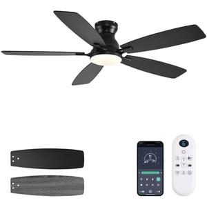 JSAITEE Ceiling Fans with Lights, 52 Inch Low Profile Ceiling Fan with Light and Remote Control, Flush Mount, DC Reversible Motor, Noiseless, Black 6 Speeds Ceiling Fan for Bedroom