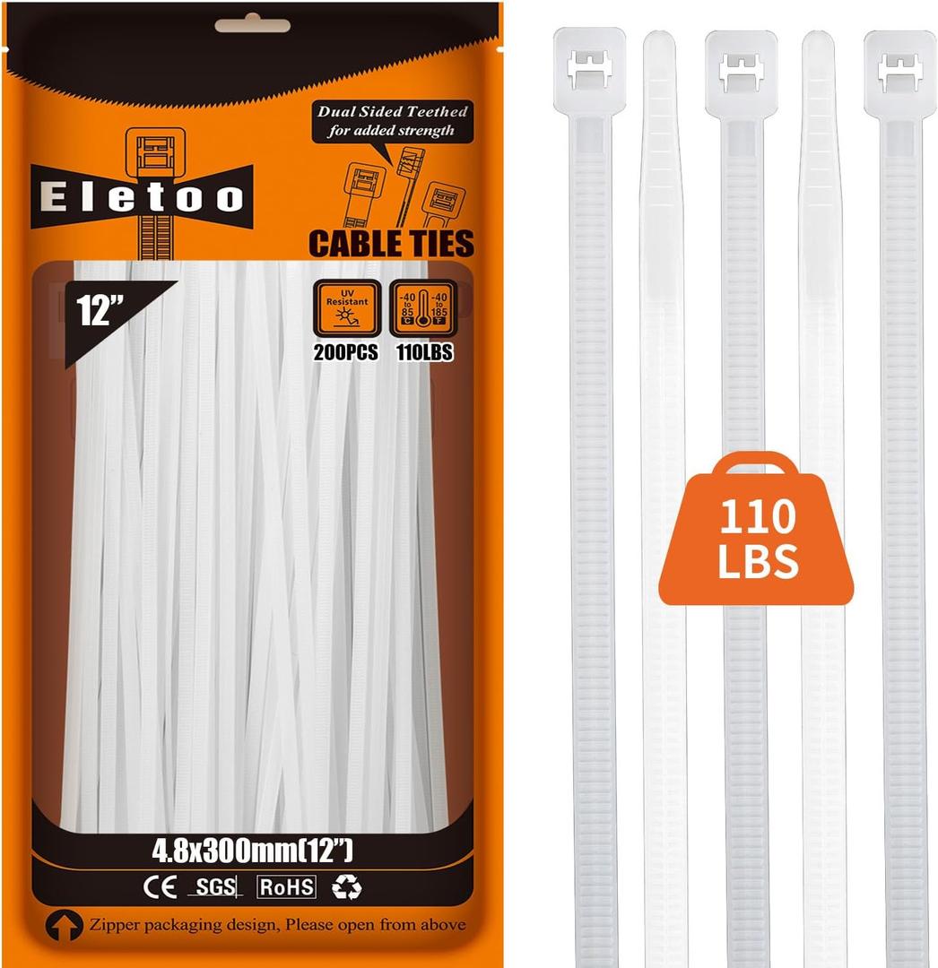 12 Inch White Zip Ties Heavy Duty 200 Pack,110 LBS Tensile Strength, Self-Locking UV Resistant Cable Ties for Indoor and Outdoor Use