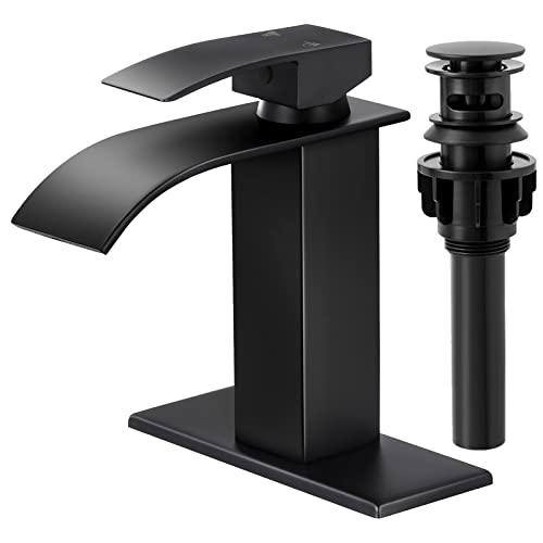 KZH Waterfall Bathroom Faucet,Single Handle Bathroom Faucets for 1 or 3 Hole Bathroom Sink Faucet Washbasin Faucet Rv Vanity Faucet with Deck Plate, Pop-up Drain and Supply Hoses Matte Black