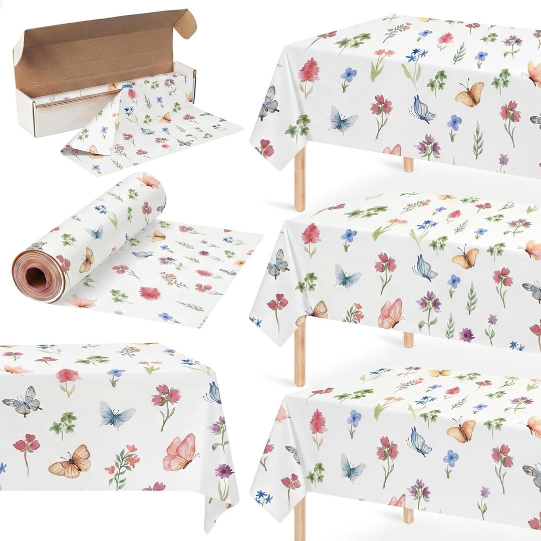 Tudomro 54 Inch x 100 ft Spring Wildflower Tablecloth Roll, Floral Party Supplies, Waterproof Disposable Wildflower and Butterfly Cuttable Plastic Table Cover for Tea Birthday Wedding Party Decoration