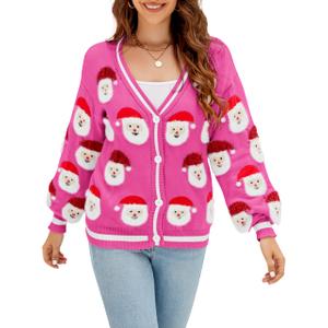 LUBOT Ugly Christmas Cardigan Sweaters for Women Knitted Sweater Cardigan Rosy Pink L