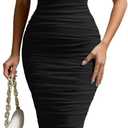 LAGSHIAN Women's Sexy Bodycon One Shoulder Sleeveless Ruched Midi Club Party Dress, Medium, Black