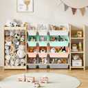 EXPERLAM 3-in-1 Toy Storage Organizer, Stuffed Animal Holder & 3-Tier Bookcase, Solid Wood Toy Organizer with 12 Storage Bins, Space-Saving Toy & Book Shelf for Kids Rooms, Bedroom, Playroom, Multi