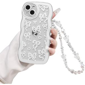 Compatible for iPhone 15 Case Clear Cute Aesthetic Love Heart Bow Design with Bow Chain, Wave Frame Soft Slim TPU Bumper Shockproof Protection Phone Cover for Women Girls -White Bow