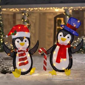 WATERGLIDE Set of 2 Lighted Christmas Tinsel Penguins, Pre-Lit 2D Stacked Penguin with Incandescent Lights, Light Up & Plug in for Indoor Outdoor Festive Xmas Holiday Garden Yard Lawn Decor