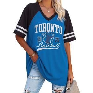 FAYALEQ Women's Vintage Baseball Graphic T-Shirt Retro Baseball Print Tee | Vintage Baseball Shirts for Women Game Day Outfit V Neck Casual Short Sleeve Retro Sports Print Tee for Baseball Fans (Blue, L)