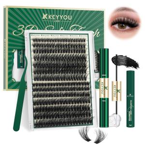 KEYYOU 3D Effect lash Clusters Kit 80D100D 280pcs Eyelash Clusters Kit D Curl Individual Lashes Kit Wispy Lash Extensions Kit with Waterproof Lash Bond and Seal Tweezers (Lash Kit-8-16MIX)