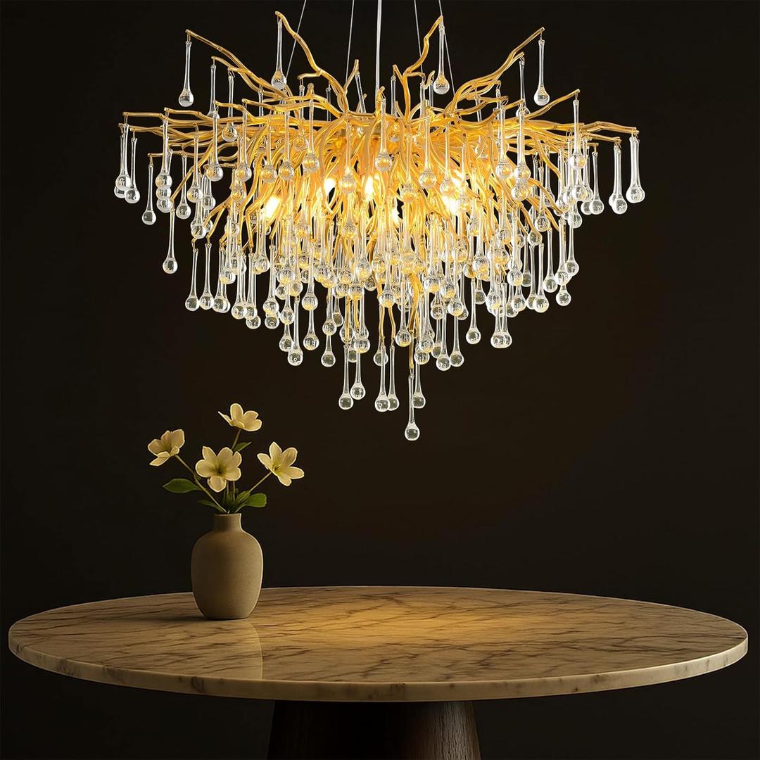31.5 Inch Modern Crystal Chandeliers,10-Light Gold Tree Branch Chandelier Hanging Light Fixtures,Raindrop Chandeliers for Dining Room,Living Room