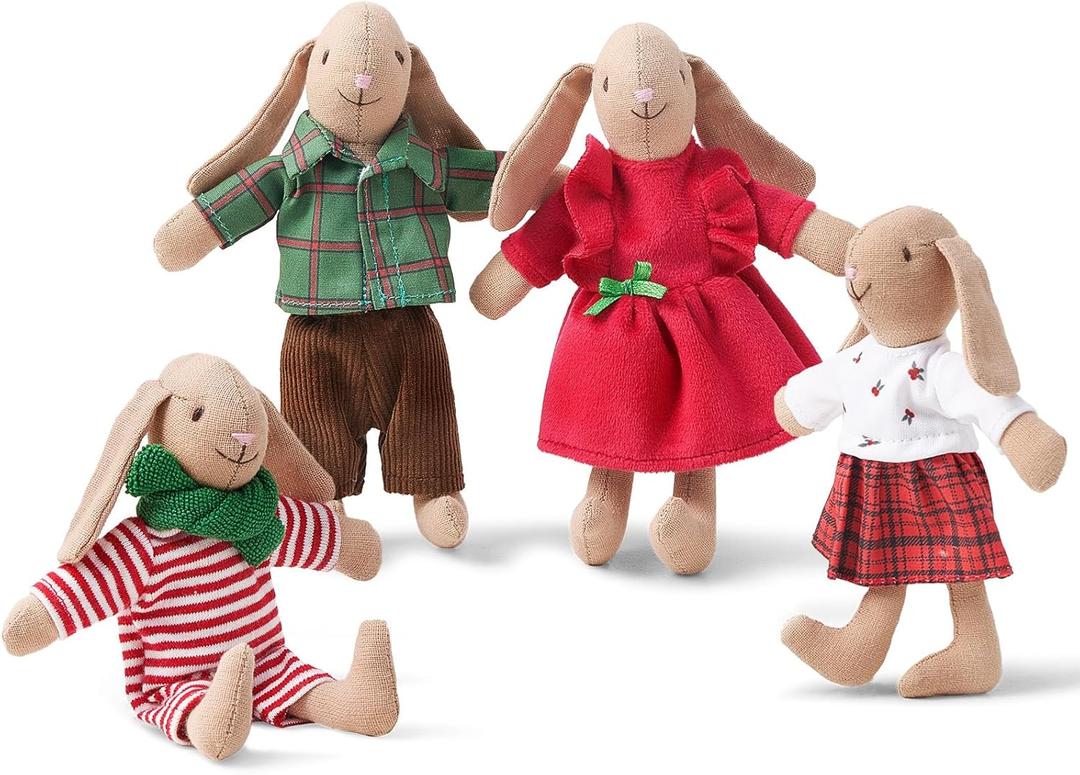 Giant bean Bunny Toys for Kids, Christmas Bunny, 4 PCS Hand Made Rabbit Family Dolls with Removable Clothes, Suitable for Infants, Boys and Girls, Dollhouse People (Red)