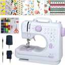 Sewing Machine for Beginners,Portable Sewing Machine with 12 Built-in Stitches,2 Speed(High-Low Speeds),2 Power Supply Method,20 Pcs Fabric and 32 Pcs Sewing Threads Kit,- (White and Purple)