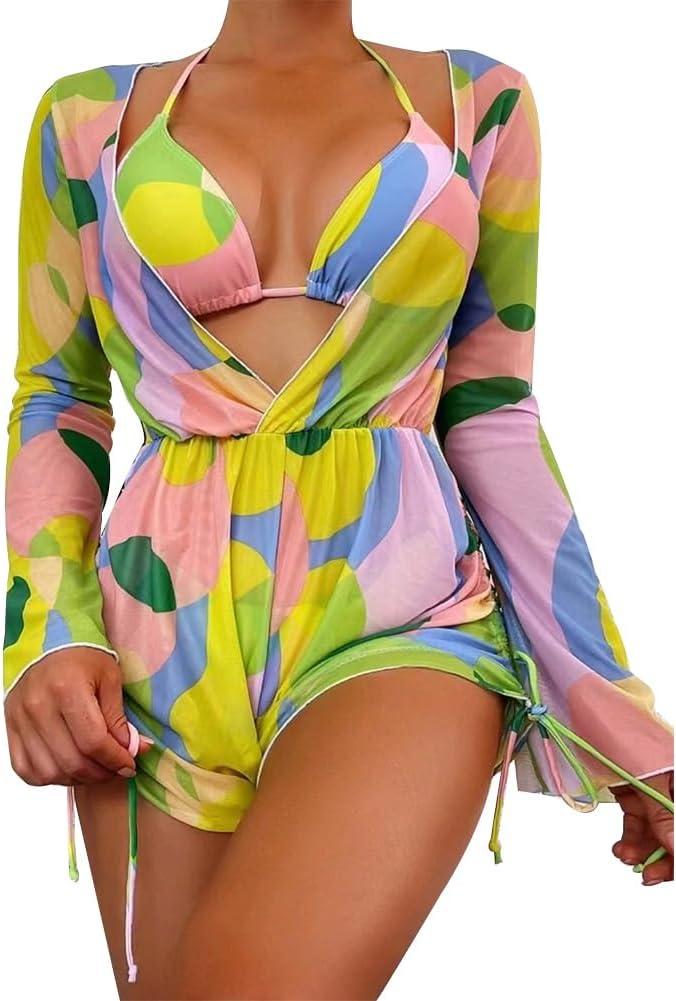 ODASDO Women's Sexy 3 Piece Swimsuits Halter Triangle Bikini Sets with Long Sleeve Mesh Cover Ups Romper Bathing Suits (S)