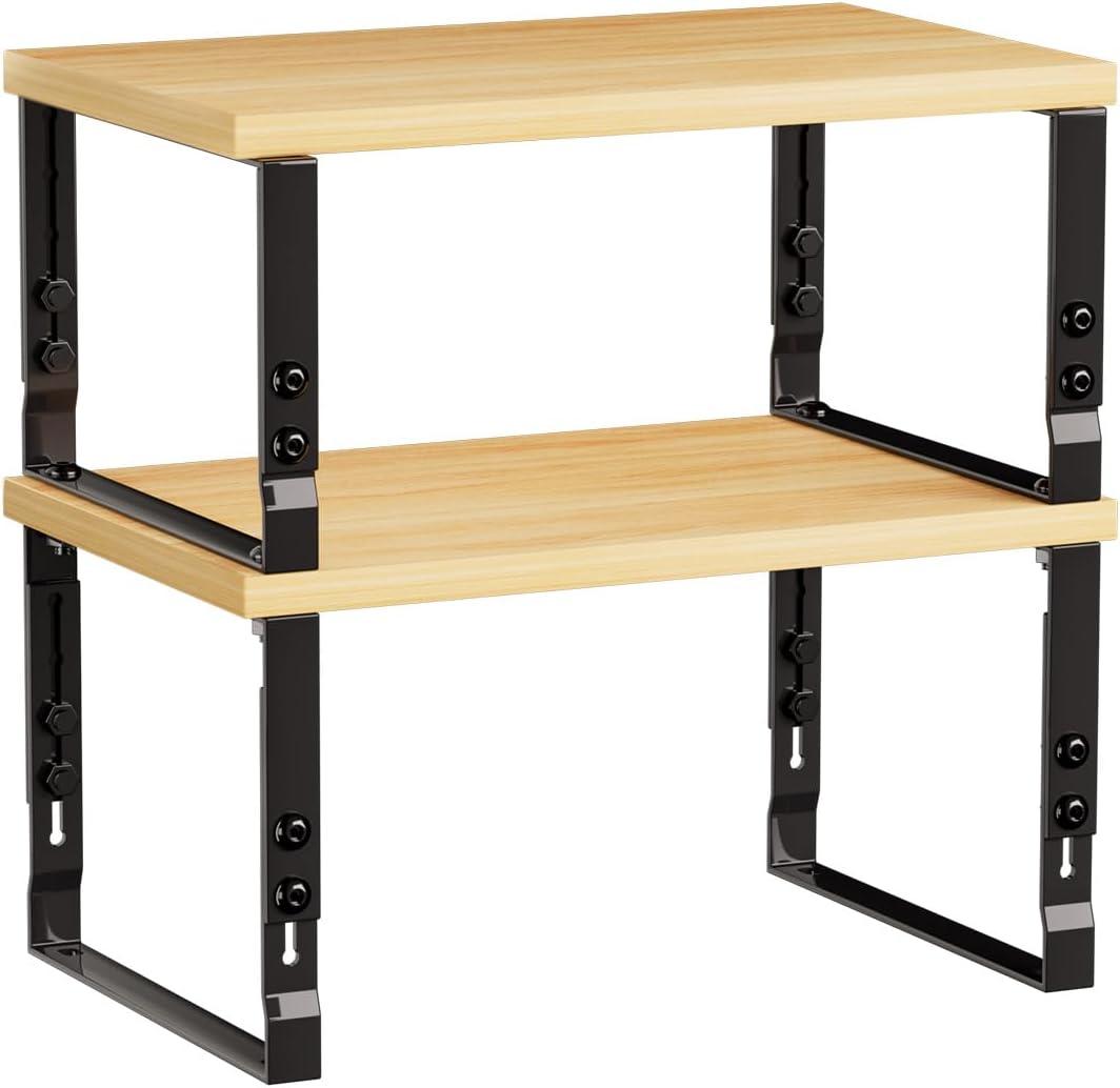 Cabinet Organizer Shelf, Spice Rack, Adjustable height, Stackable and Nesting Shelves,Metal and solid wood, For multiple scenarios in the kitchen, office or closet (Black)