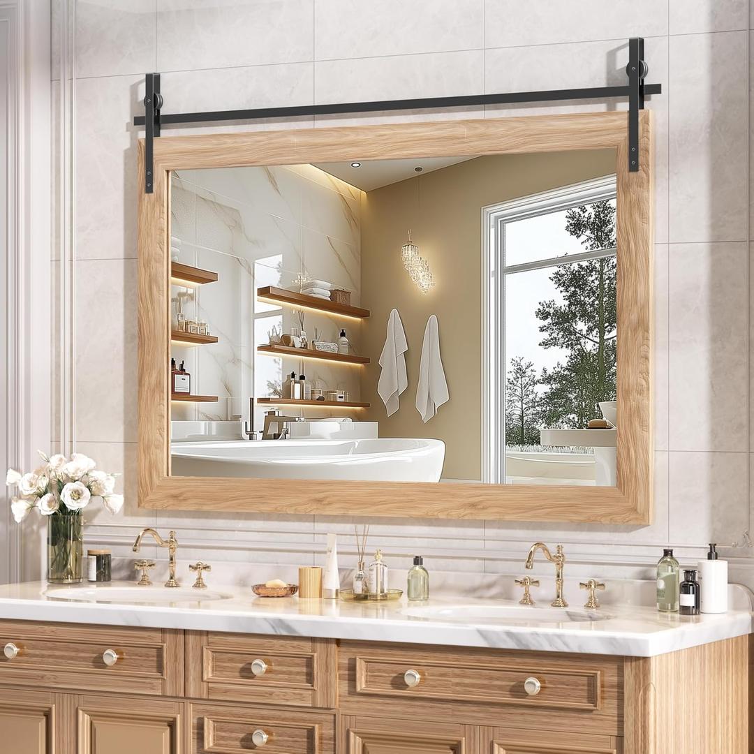 Hasipu Farmhouse Bathroom Mirror, 48"x32" Rustic Wood Framed Wall Mounted Mirror, Brown Vintage Vanity Mirror Barn Door Style Decrative Mirrors