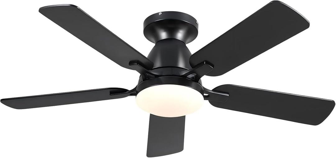 Mpayel Ceiling Fans with Lights, 46'' Indoor Low Profile Ceiling Fan with Light and Remote, Modern Flush Mount Ceiling Fan for Bedroom, LED Dimmable DC Reversible Motor, Black