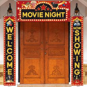 3Pcs Movie Night Porch Sign Banner Movie Theme Theater Welcome Now Showing Party Front Door Banner Wreath Photography Background Hanging Yard Sign for Home Film Red Carpet Event Awards Bunting Decor