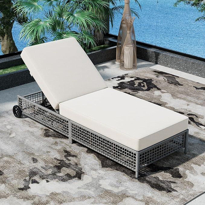 5-Position Adjustable Rattan Chaise Lounge Chair with Cushion & Wheels for Outdoor Poolside, Backyard, Garden Patio Furniture – Oversized Wicker Patio Sofa Lounger (1, Grey)