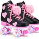 Women's and Girl's Classic Roller Skates with Light up Wheels and Love Heart Pattern, High-top PU Leather Rollerskates (Youth's 2, BLACK)