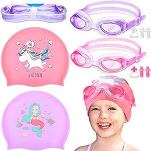 8 Pack Kids Swim Caps for Girls, Silicone Swimming Cap for Age 6-14 with Goggles Ear Plug Nose Clip for Children Boys Girls