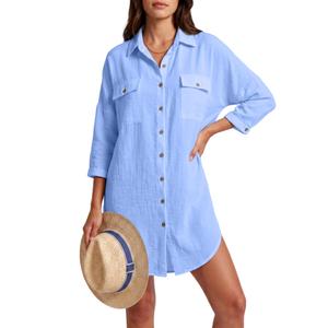 Breezy Lane Womens Swimsuit Cover Up Button Down Long Sleeve Beachwear Blue (M)