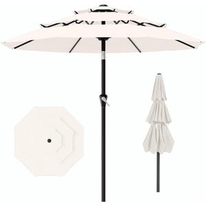 AreShark 9ft 3-Tier Patio Umbrellas, Outdoor Umbrella with 8 Sturdy Ribs UV Protection Windproof, Market Table Umbrella w/Push Button Tilt & Crank for Pool, Porch, Deck, Garden(Cream White)