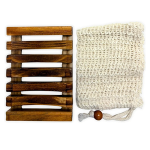 Natural Wooden Soap Dish & Sisal Exfoliating Pouch Set – Eco Soap Saver Holder & Soap Tray – Plastic-Free Bathroom, Shower & Kitchen Accessories – Sustainable Bath Gift