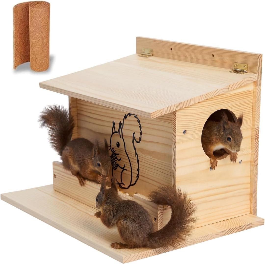 Squirrel House, Squirrel Box, Squirrel Houses for Outside, Squirrel Boxes with Front Feeder, Nesting Box, Wooden Houses with Predator Guard Design for Squirrels, Chipmunk and Small Animals