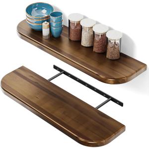 BATODA Set of 2 24 Acacia Floating Shelves for Wall (Round Edge) - Floating Bookshelf Wall - Storage Wood Shelves for House Decor, Kitchen, Bathroom - Brackets and Hardware Included (Walnut Color)
