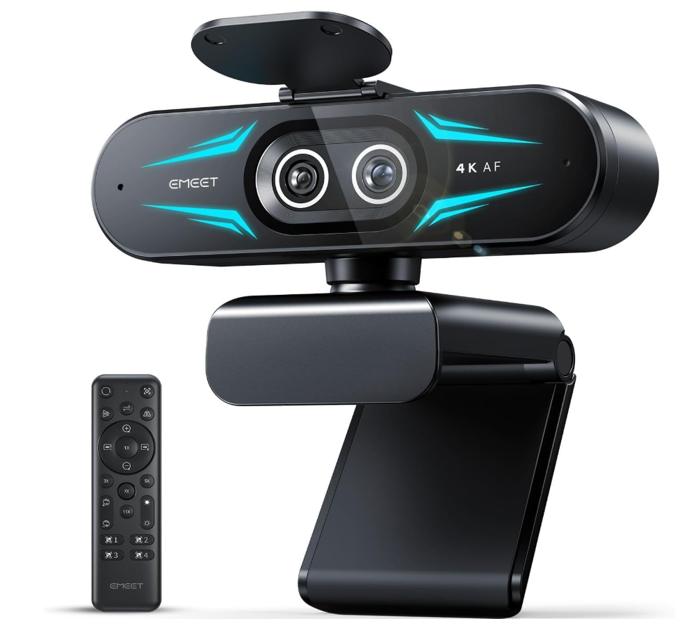 EMEET C60E Dual-Camera 4K Webcam for Streaming, Wide-Angle and Telephoto Cameras, Max 11X Hybrid Zoom & PDAF Autofocus, Remote Control, RGB Lighting, 2 Mics, Ideal for Livestreaming and Online Meeting