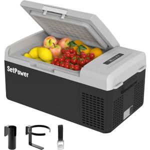 Setpower FC15 Portable 12v Refrigerator, -4-68 Fast Cooling Car Refrigerator, 15L/15.8Qt Car Fridge Portable Freezer with 12/24V DC & 110/240V AC, Electric Cooler (Black&Grey, 15L With AC Adapter) (16QT)