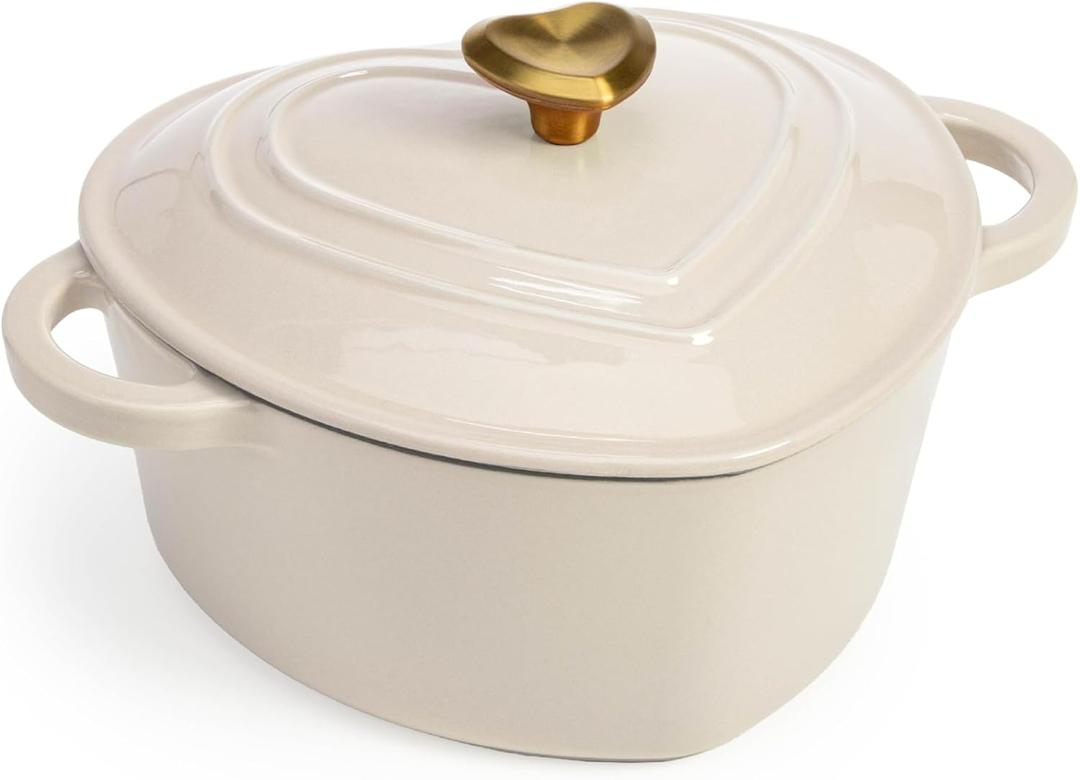 Paris Hilton Enameled Cast Iron Dutch Oven Heart-Shaped Pot with Lid, Dual Handles, Works on All Stovetops, Oven Safe to 500F, 2-Quart, Cream