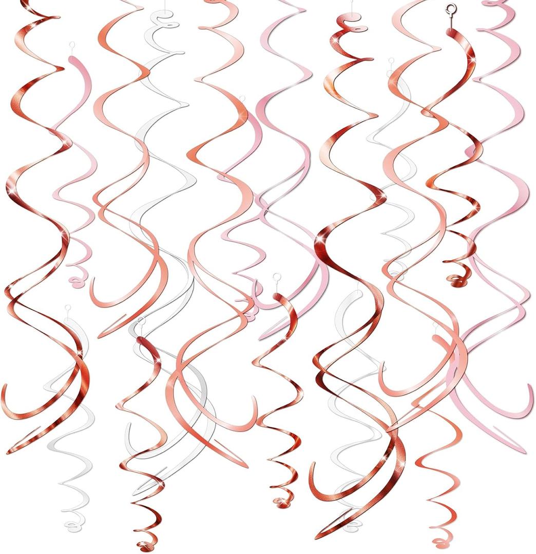 HonuGoGo Pink Hanging Swirl Decorations for Party – 42PCS Rose Gold Foil Ceiling Streamers with Hooks for Birthday, Bridal Shower, Bachelorette, Holiday Celebrations