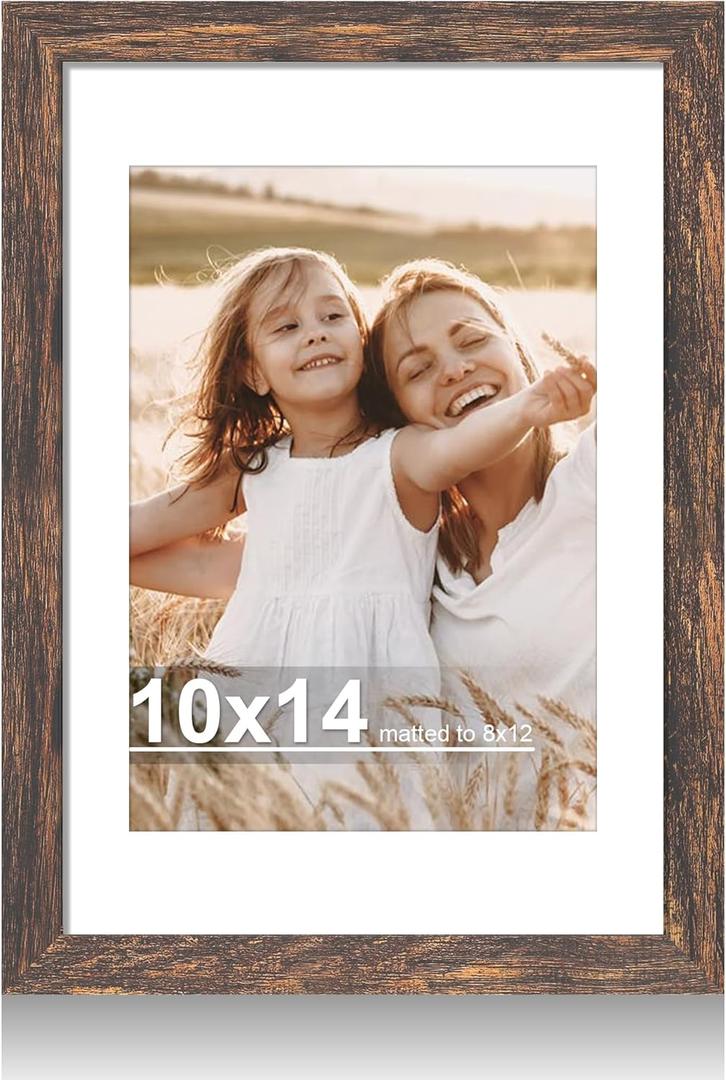 Hongkee 10x14 Picture Frame with Real Glass - 8x12 Wooden Frame with Mat, Horizontal and Vertical Display for Wall or Tabletop (Rustic Brown, 1 Pack)