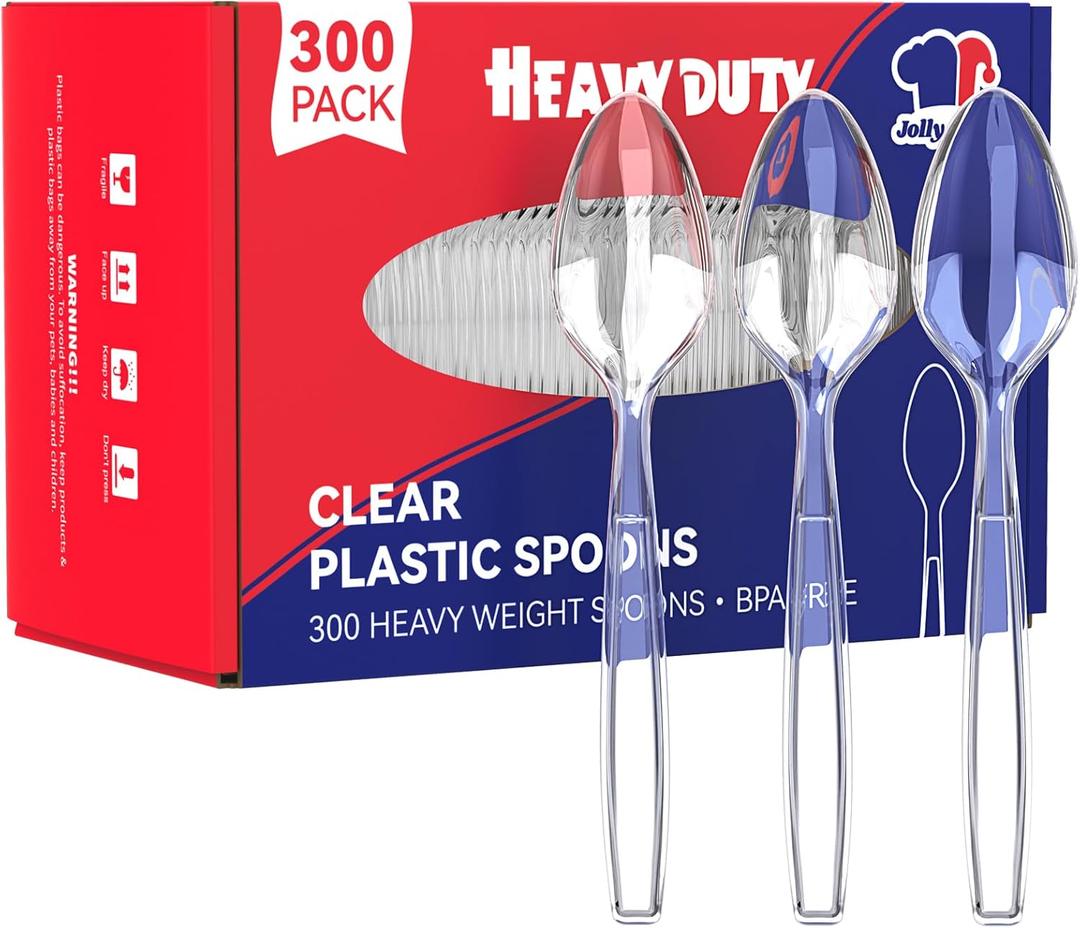 JOLLY CHEF 300 Count Clear Plastic Teaspoons Heavy Duty, 6.54" Heat Resistant Solid and Durable Plastic Teaspoons Disposable, Disposable Bulk Cutlery Suitable for Parties Supply Events Everyday Use