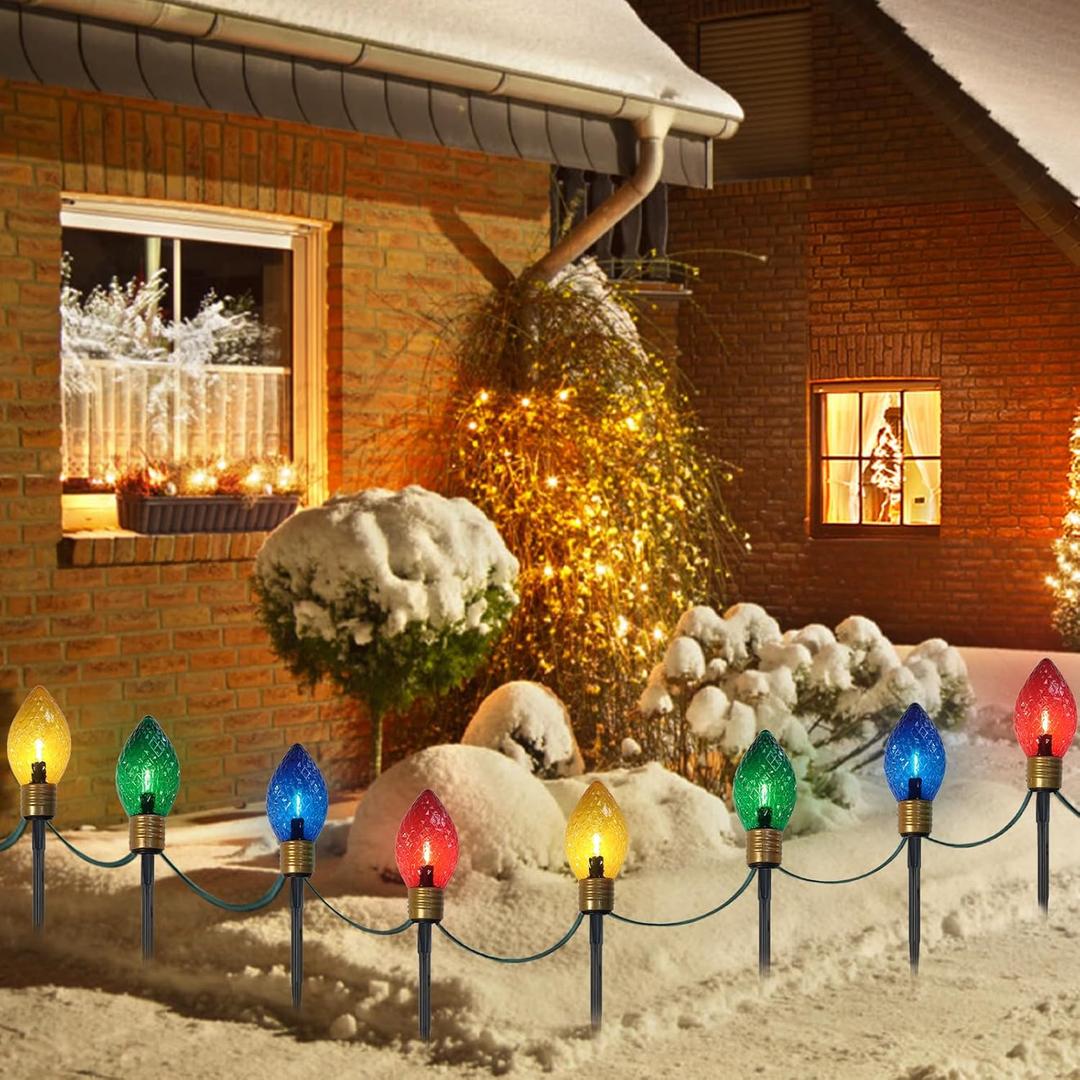 2 Pack Jumbo Christmas Pathway Lights Outdoor, Total 14FT 8Pcs Multicolor Diamond Connectable Plug in Walkway Lights for Driveway, Fence, Yard Holiday Decor, Green Wire