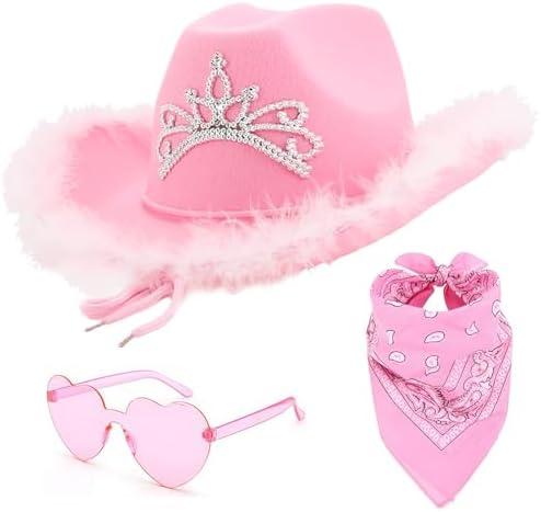 Ricawa 2 PCS Pink Cowgirl Cowboy Hat with Heart Sunglasses Bandana Pink Cowgirl Christmas Costume Accessories for Girls Women