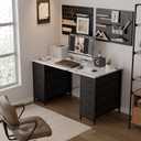 Pamray 47 Inch Computer Desk with 8 Fabric Drawers PC Gaming Desk Home Office Study Work Writing Table for Bedroom Marble