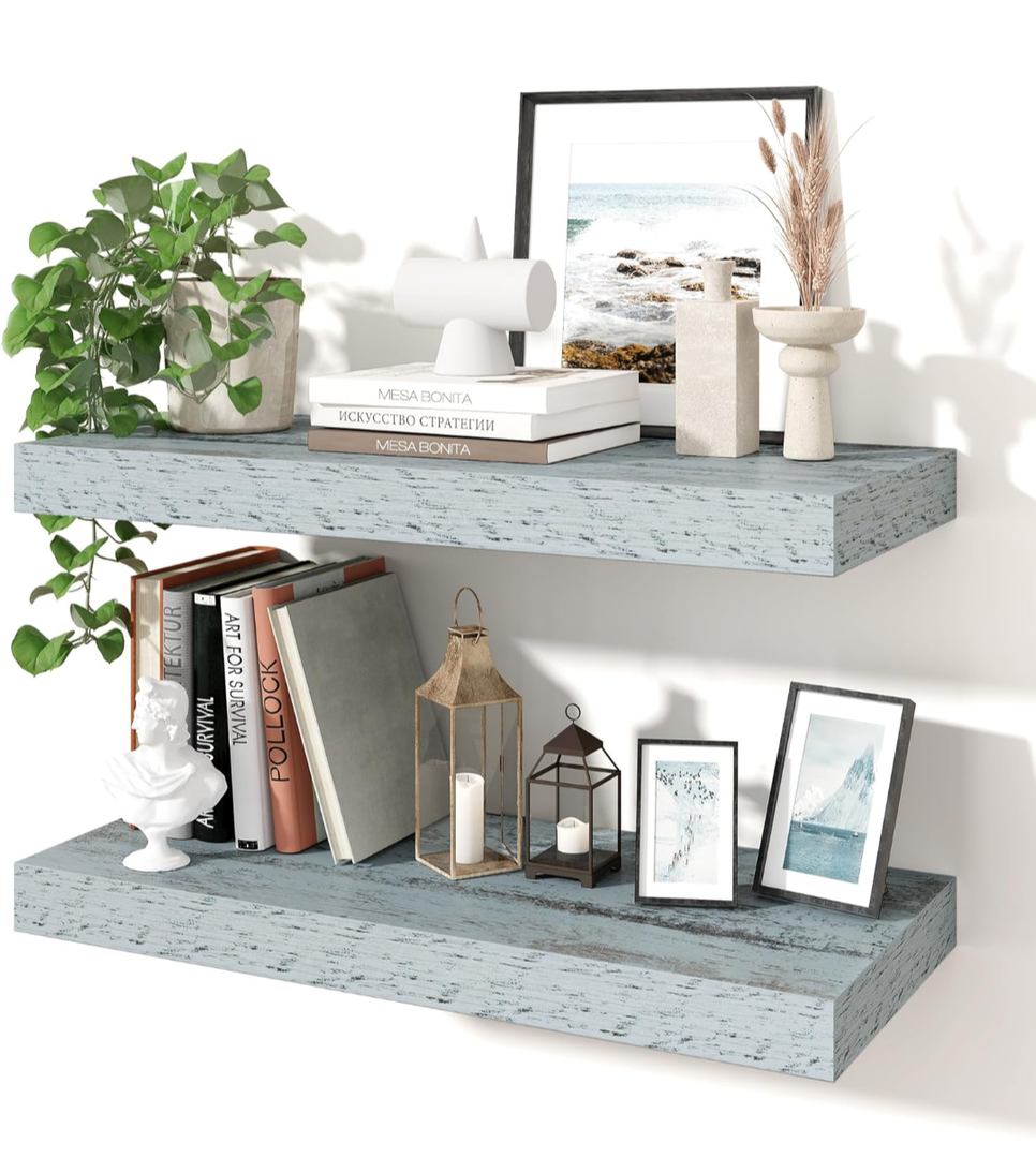 Axeman 36 Inch Floating Shelves for Wall, 2 Pack Shelves for Bedroom, Bathroom, Kitchen, Hanging Wall Mounted Rustic Wood Shelf with Invisible Brackets for Books Decor, Rustic Blue, 35.4" X 10" X 1.5"