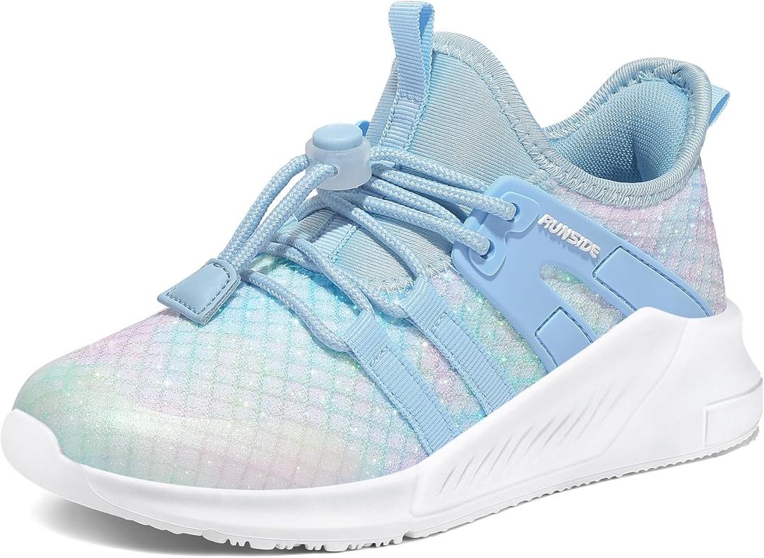 RUNSIDE Girls Tennis Shoes Lightweight Sports Kids Sneakers Lace-up for Running/Walking  (Sparkly Blue, Size 5)